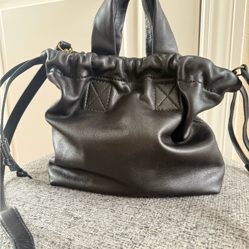 Madewell Black Gathered Leather Shoulder Bag with Dual Top Handles and Strap